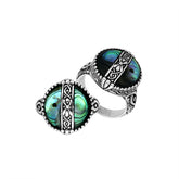 Sterling Silver Abalone Shell Round Shape Statement Ring With Balinese Artistic Design